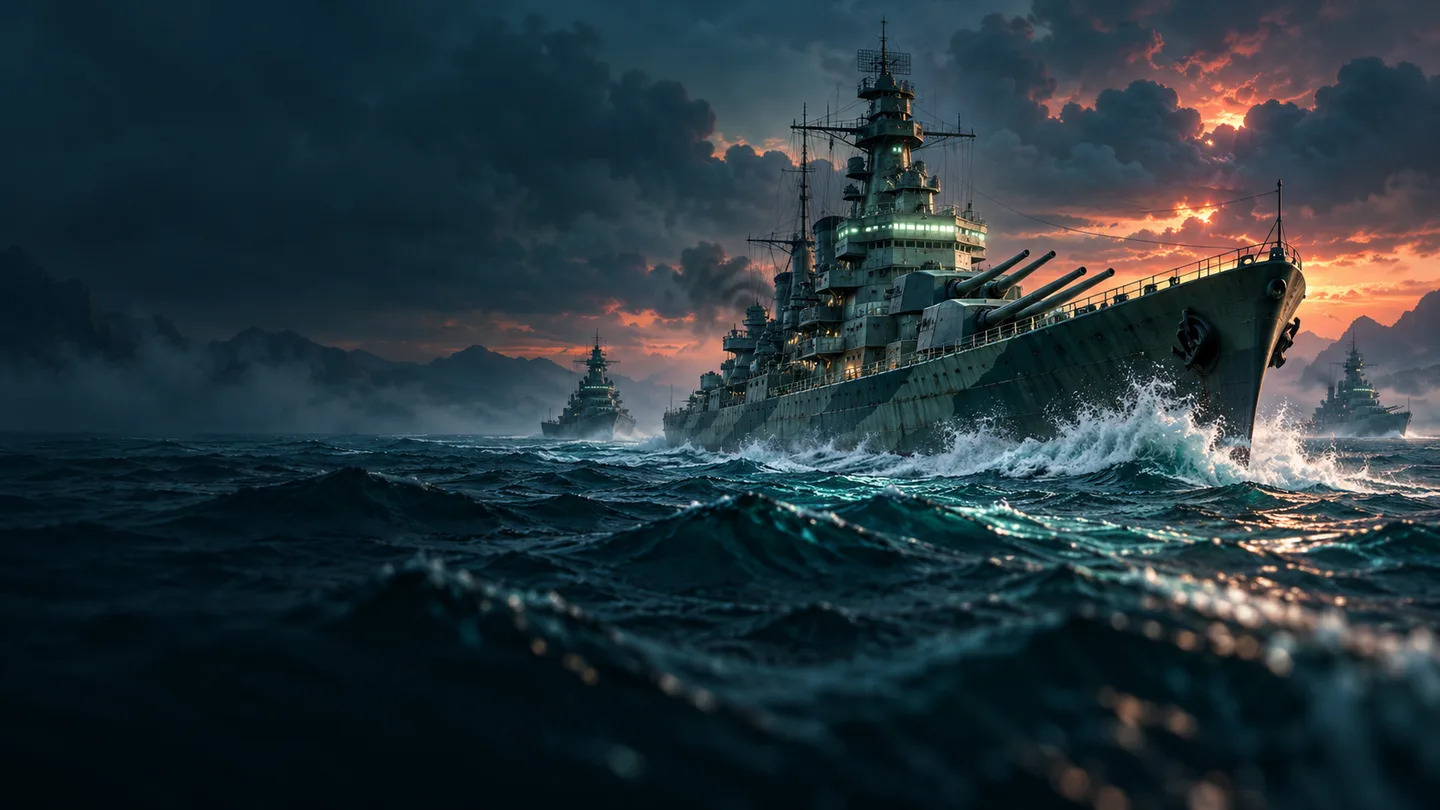 A battleship cuts through teal seas beneath a dramatic evening sky